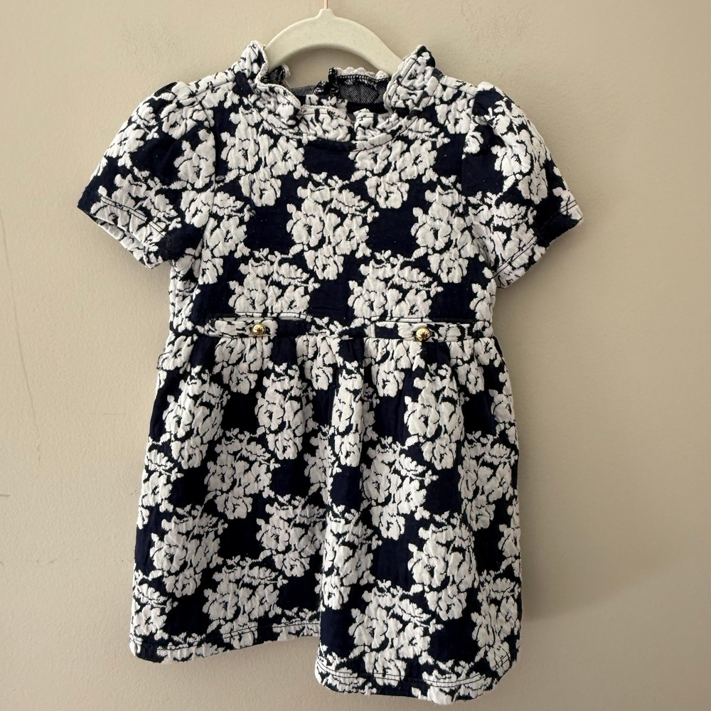 Kids Girls Navy Blue White Floral‎ Textured Dress with Gold Button Accents